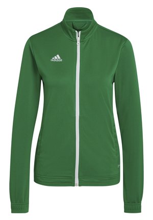 Zielona kurtka Adidas z pełnym zamkiem błyskawicznym, białym zamkiem i logo na piersi, z długimi rękawami i wysokim kołnierzem.