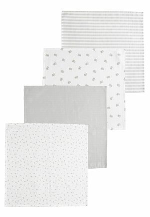 Set von vier Baumwollservietten in weißen und grauen Tönen, mit Mustern aus Punkten, Blättern und Streifen; weiche Textur, quadratische Form.