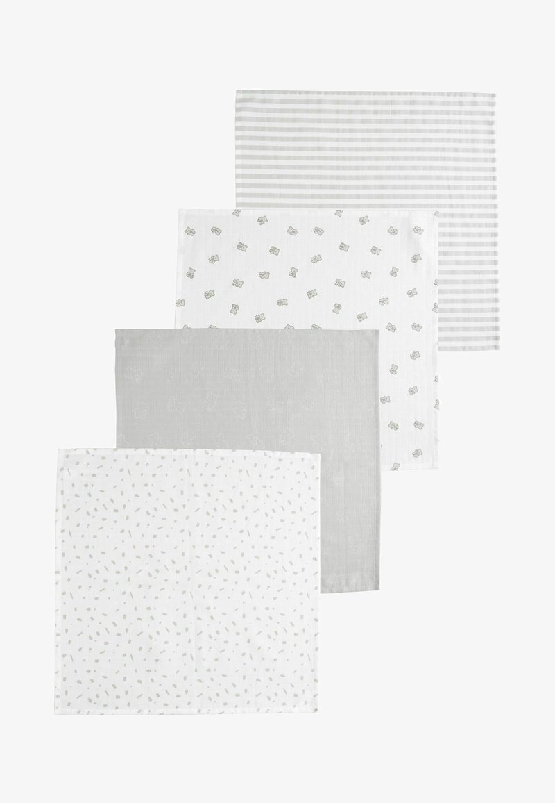 Ensemble de quatre serviettes en coton dans des tons blancs et gris, présentant des motifs de pois, de feuilles et de rayures ; texture douce, forme carrée.
