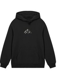Zwarte hoodie met een voorzak en geribbelde manchetten. Voorzien van een zilveren bergafbeelding op de borst. Gemaakt van zachte stof.