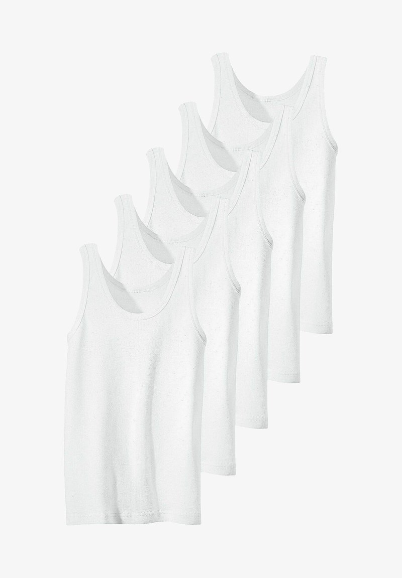 Five white cotton tank tops with rounded necklines and wide shoulder straps, featuring a smooth texture and no visible patterns or accents.