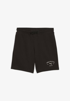 Shorts de sport noirs avec taille à cordon et logo blanc "Puma Athletics" sur la jambe gauche, étalés à plat sur un fond blanc.