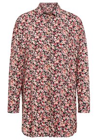 Blusa floreale a maniche lunghe con sfondo nero, fiori rossi e rosa, colletto e chiusura frontale con bottoni.