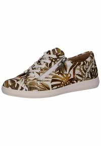Zapatillas con una base blanca que presentan un patrón de follaje en marrón y beige, punta redonda, cordones blancos y una cremallera lateral para facilitar el uso.