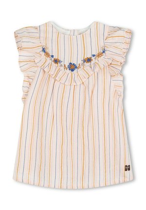 Gestreepte mouwloze top in off-white, oranje en blauw, met ruches op de schouders en bloemenborduurwerk rondom de halslijn.