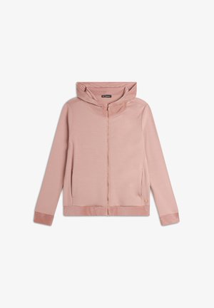 Sweat à zip rose avec une texture douce, capuche ajustable et poches avant. Doté d'un logo doré sur le côté gauche près de l'ourlet.