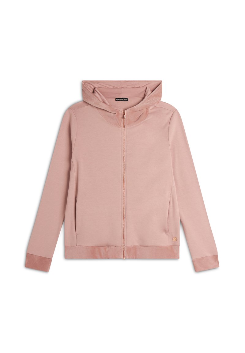 Felpa zip-up rosa con una texture morbida, cappuccio regolabile e tasche frontali. Presenta un logo dorato sul lato sinistro vicino all'orlo.