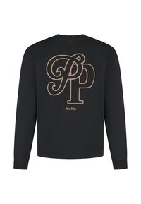 Schwarzes Langarmshirt mit großen, ineinander verschlungenen Buchstaben "P" und "P" sowie dem Text "Pure Path" in Beige auf der Mitte des Rückens.