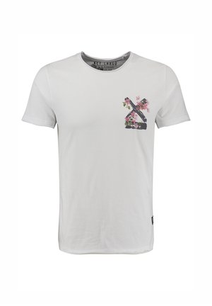 Weißes Kurzarm-T-Shirt mit einem floralen Design und dunklen Pinselstrichen im oberen linken Brustbereich.