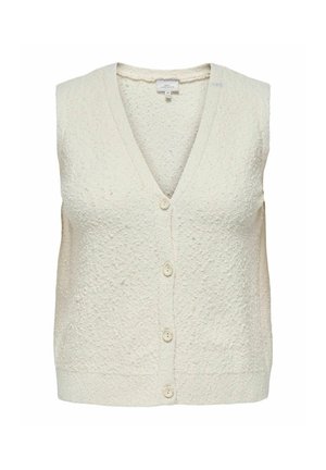 Gilet lavorato a maglia avorio con scollatura a V, design senza maniche, tessuto testurizzato e cinque bottoni rotondi a contrasto sul davanti.