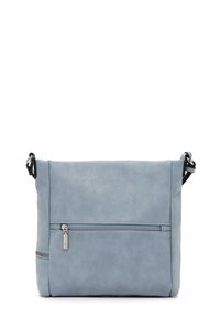 Borsa a tracolla in pelle azzurro chiaro con una texture liscia, tasca frontale con zip e tracolla regolabile. Presenta dettagli in metallo argentato.
