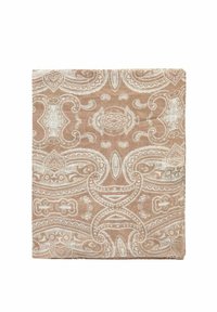 Brun bandana med indviklede hvide paisley- og blomstermønstre, der har en blød tekstur og kvadratisk form.