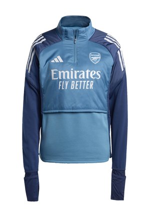 Modrá a námořnická čtvrtzipová mikina s logem "Emirates Fly Better", znakem Arsenal a třemi bílými pruhy na ramenou.