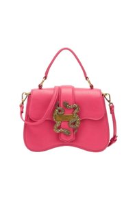 Borsa a tracolla in pelle rosa con dettagli dorati, dotata di un design a serpente sulla chiusura, manico corto e tracolla removibile.