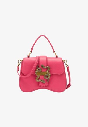 Borsa a tracolla in pelle rosa con dettagli dorati, dotata di un design a serpente sulla chiusura, manico corto e tracolla removibile.
