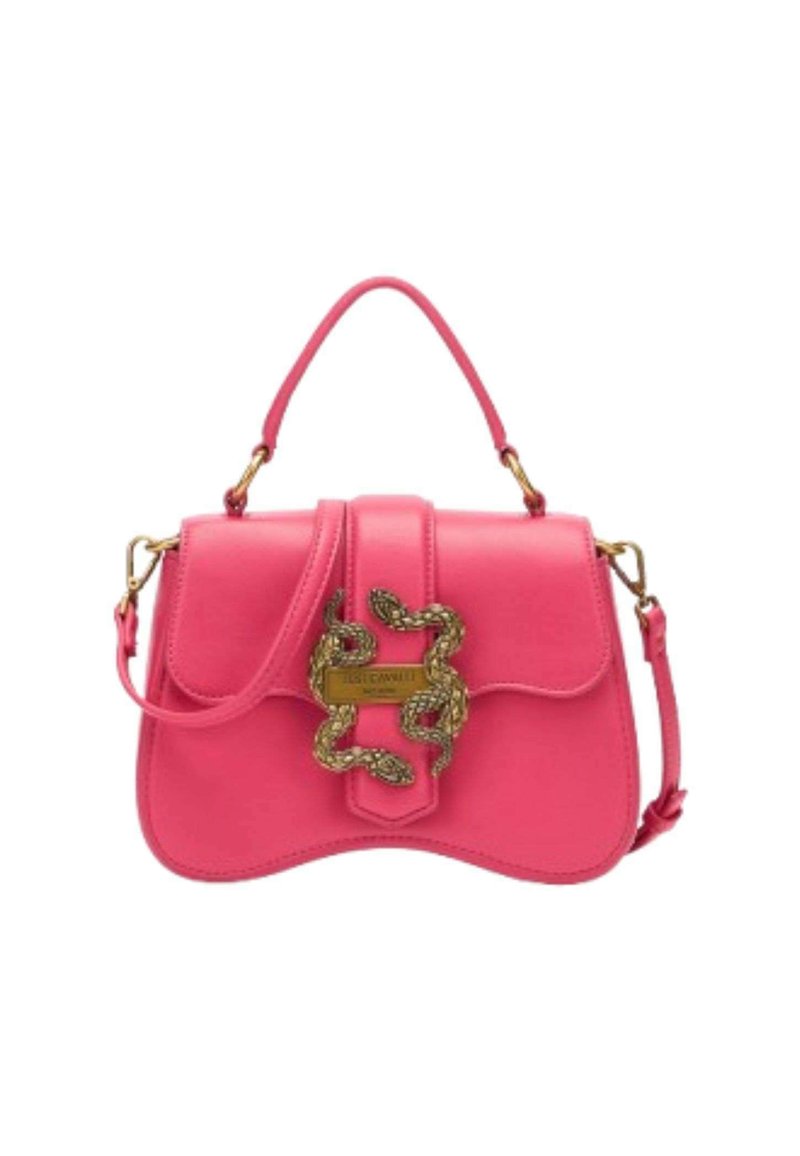 Borsa a tracolla in pelle rosa con dettagli dorati, dotata di un design a serpente sulla chiusura, manico corto e tracolla removibile.