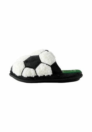 Weicher schwarz-weißer Hausschuh in Form eines Fußballs mit grüner Innensohle und gepolsterter Sohle für den Innenbereich.