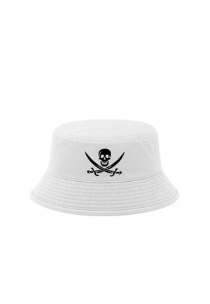 White bucket hat with a black skull and crossed swords pirate symbol printed on the front.