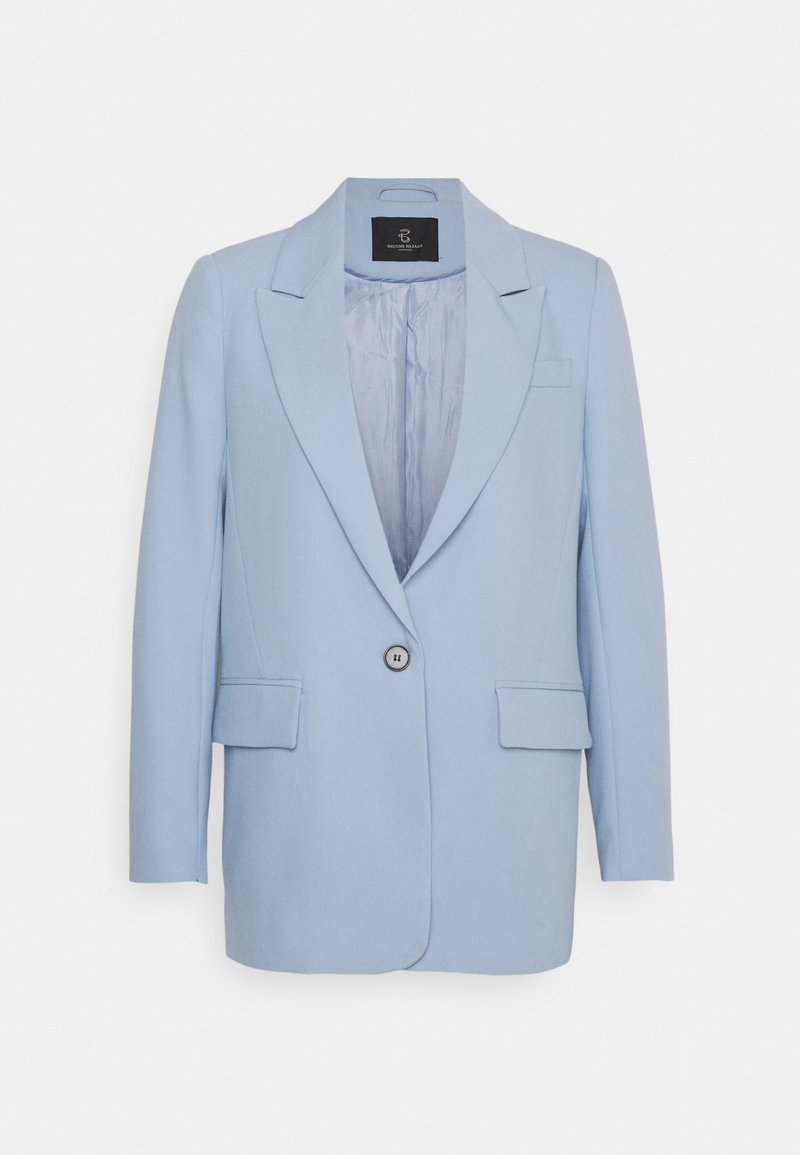 Light blue blazer with a single button closure, notched lapels, two front pockets, and a smooth inner lining. Simple design, tailored fit.