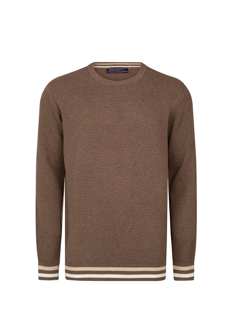 Maglione marrone lavorato a maglia con un motivo testurizzato, collo rotondo e maniche lunghe. Presenta strisce crema a contrasto nei polsini e all'orlo.