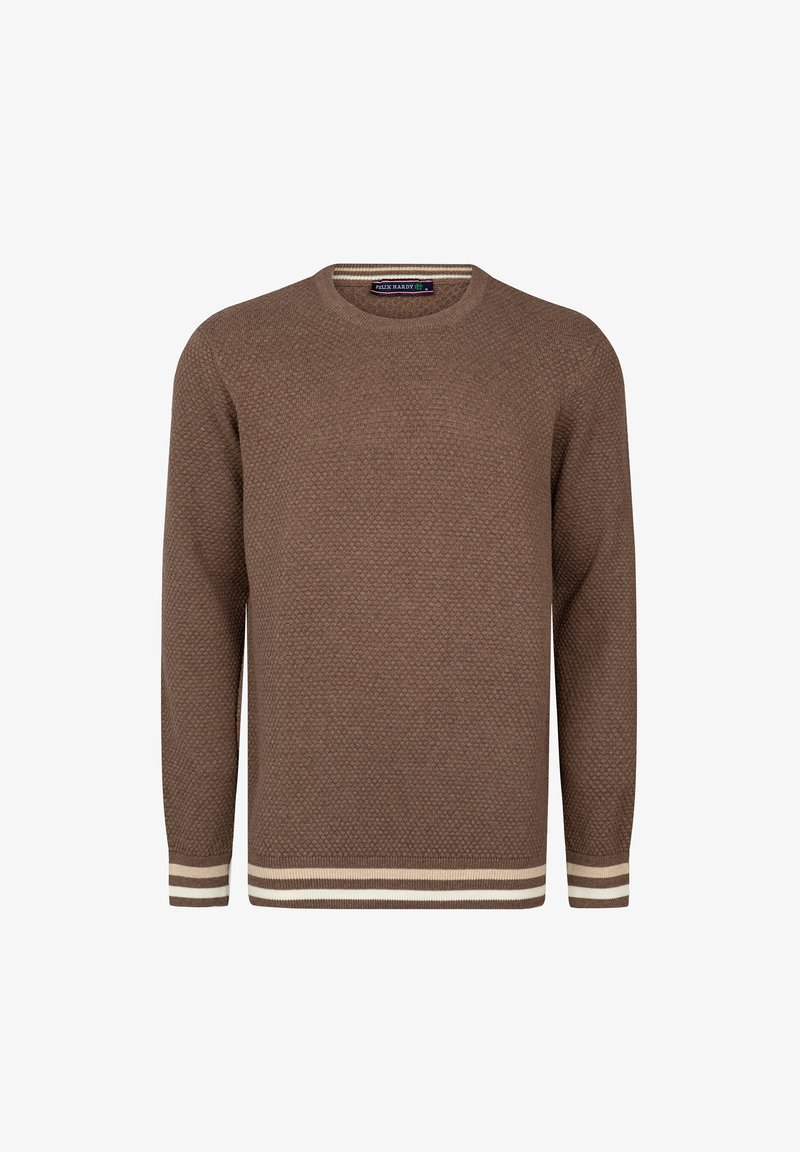 Hnědý pletený svetr s texturovaným vzorem, kulatým výstřihem a dlouhými rukávy. Obsahuje kontrastní krémové pruhy na manžetách a lemu.