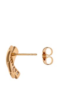 Náušnice zlaté barvy s vlnitým vzorem, vybavené zúženým kolíkem a kulatým zapínáním. Hladký, leštěný povrch s lehkou konstrukcí.