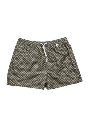 Costume da bagno da uomo con motivo geometrico a diamante, vita elasticizzata e chiusura con coulisse bianca.