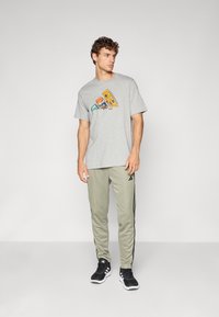 Grå bomull t-skjorte med et fargerikt grafisk design foran, sammen med lysegrønne joggebukser og svarte treningssko.