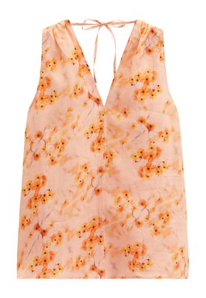 Bluzka bez rękawów w kolorze brzoskwiniowym z pomarańczowym kwiatowym nadrukiem, głęboki dekolt w kształcie litery V i wiązaniem z tyłu szyi.