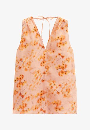 Blouse sans manches couleur pêche avec imprimé floral orange, décolleté profond en V et fermeture à nouer au dos du cou.