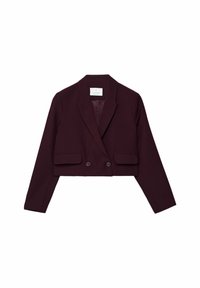 Bordeaux cropped blazer van zachte stof, met een notch lapel, twee voorzakken en een dubbele knoopsluiting. Gladde textuur.