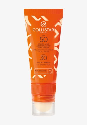 Orangefarbene Collistar-Tube mit schützender Gesichtssonnencreme LSF 50 und Lippenbalsam-Stift LSF 30 mit hohem UVB- und UVA-Schutz.
