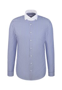 Camicetta a maniche lunghe a righe verticali blu e bianche con colletto bianco e placket a bottoni, adeguata alla vestibilità sartoriale, realizzata in tessuto morbido.