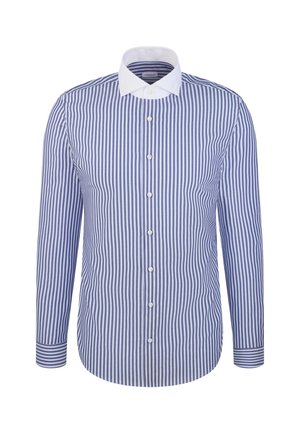 Blå og hvid lodret stribet langærmet skjorte med hvid krave og knaplukning, skræddersyet pasform, lavet af glat stof.
