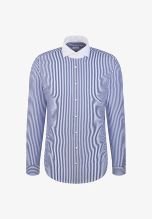 Blau-weiß gestreifte Langarmbluse mit weißem Kragen und Knopfleiste, tailliert, aus glattem Stoff gefertigt.