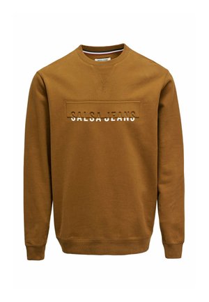 Smeđa majica s dugim rukavima, okruglim izrezom i rebrastim manžetnama. Na prednjem dijelu istaknuti tekstualni logo "SALSA JEANS". Materijal od mješavine pamuka.