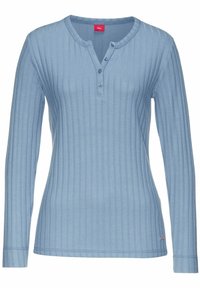 Helles blaues Langarmshirt aus geripptem Stoff, mit rundem Halsausschnitt, Dreiknopf-Leiste und dezenten Nähten.