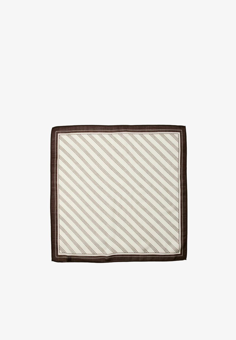 Carré beige avec fines rayures diagonales marron et une bordure unie marron foncé.