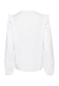 Blusa bianca in cotone, con dettagli arricciati sulle spalle, maniche lunghe e scollo rotondo. Texture liscia, design semplice.