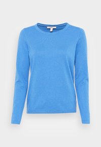 Maglione blu a maniche lunghe realizzato in morbido tessuto a maglia. Presenta un collo rotondo e polsini a coste. Texture liscia con colore uniforme su tutta la superficie.