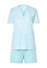 Conjunto de pijama azul claro que incluye una camisón de manga corta con escote en forma de V, patrones de hojas blancas y pantalones cortos a juego con ribetes blancos. Tela suave.