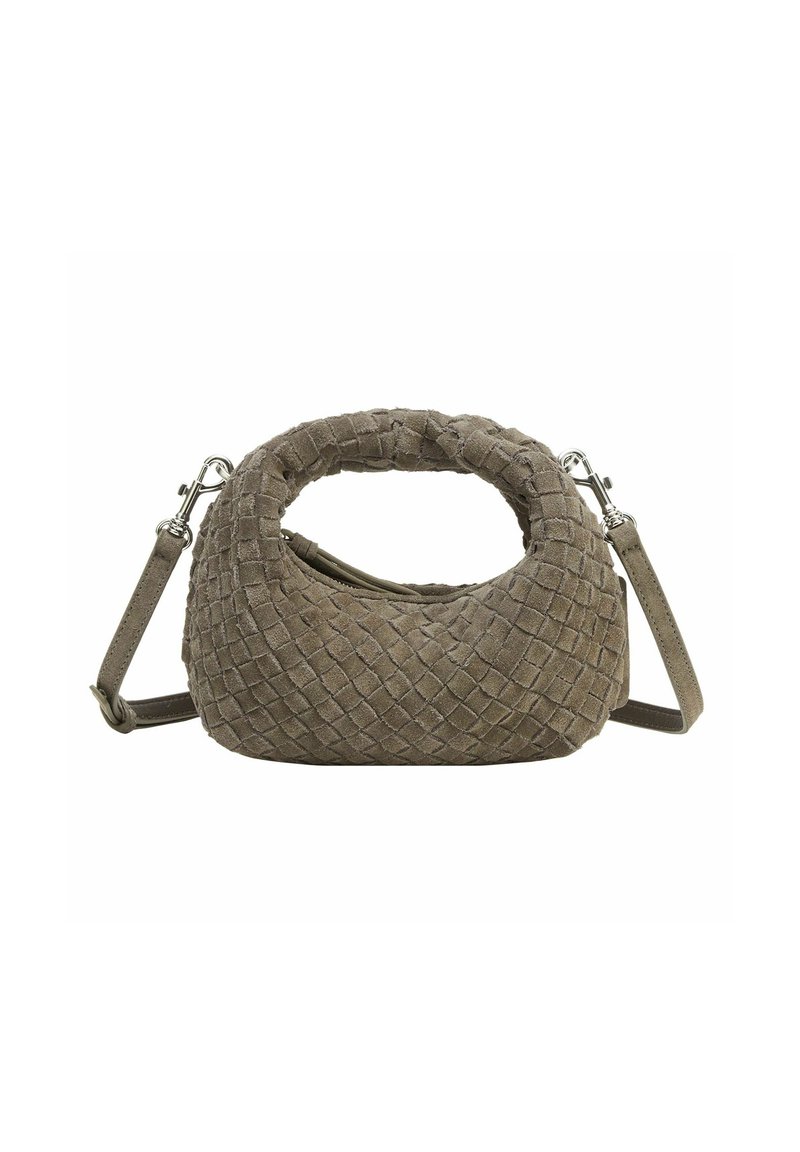 Borsa a tracolla in suede intrecciato di un verde oliva tenue, forma arrotondata con manico circolare, tracolla staccabile e superficie texturizzata.