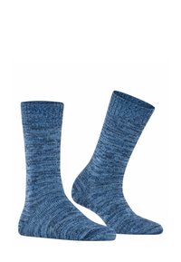 Calze lavorate a maglia blu con un motivo testurizzato, caratterizzate da diverse sfumature di blu. Lunghezza classica alla caviglia con polsini e punta rinforzati.