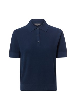 Donkerblauw poloshirt met korte mouwen, drie knopen en een geribde kraag en zoom.
