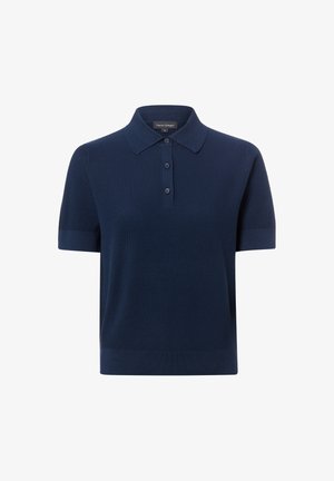 Marineblaues kurzärmeliges Poloshirt mit drei Knöpfen sowie geripptem Kragen und Saum.