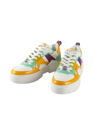 Colorful sneakers featuring a mix of yellow, green, white, and purple accents, with a chunky white sole and flat laces.