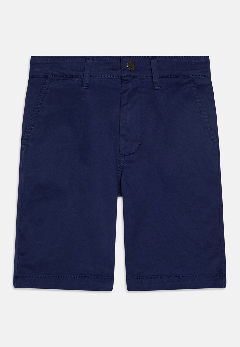 Shorts bleu marine en tissu coton, avec une fermeture à bouton, deux poches avant et un ourlet droit. Texture lisse avec un minimum de détails.