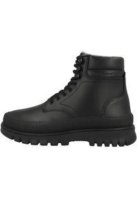 Black leather ankle boot with lace-up front, padded collar, thick treaded sole, and subtle brand embossing on the side.