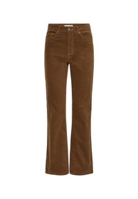 Brown corduroy flared pants with a high waist, zip fly, and front pockets. Textured fabric features vertical ribs and minimal stitching details.