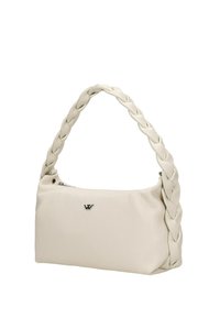 Borsa a mano in pelle bianca con manico intrecciato, texture liscia e dettaglio del logo argento sulla parte anteriore. Chiusura con zip sulla parte superiore.